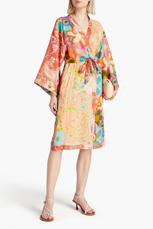 Floral-print linen wrap dress