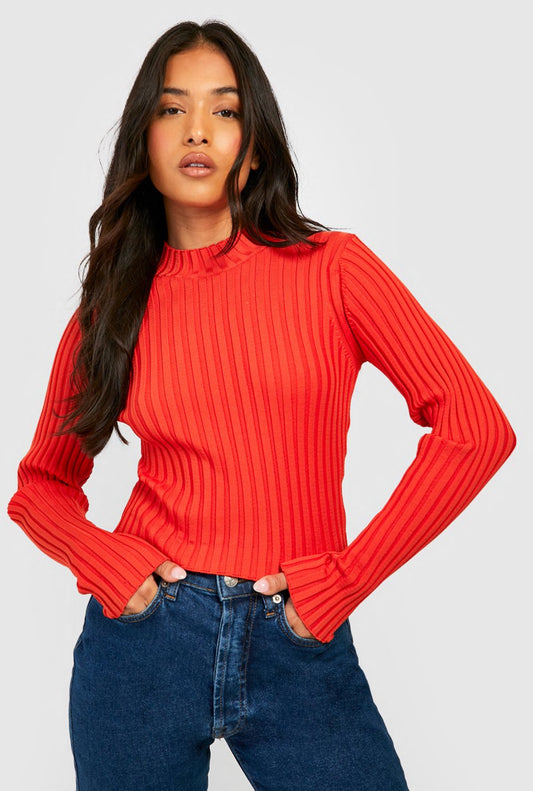 PETITE TWO TONE RIB KNIT HIGH NECK TOP