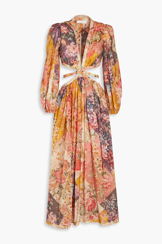 Bow-detailed printed cotton maxi dress