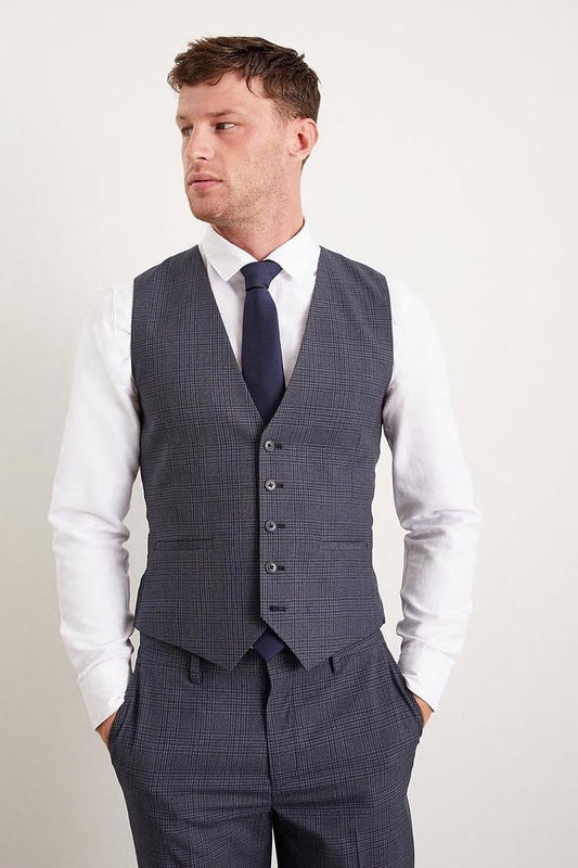 Slim Fit Navy Overcheck Waistcoat size M