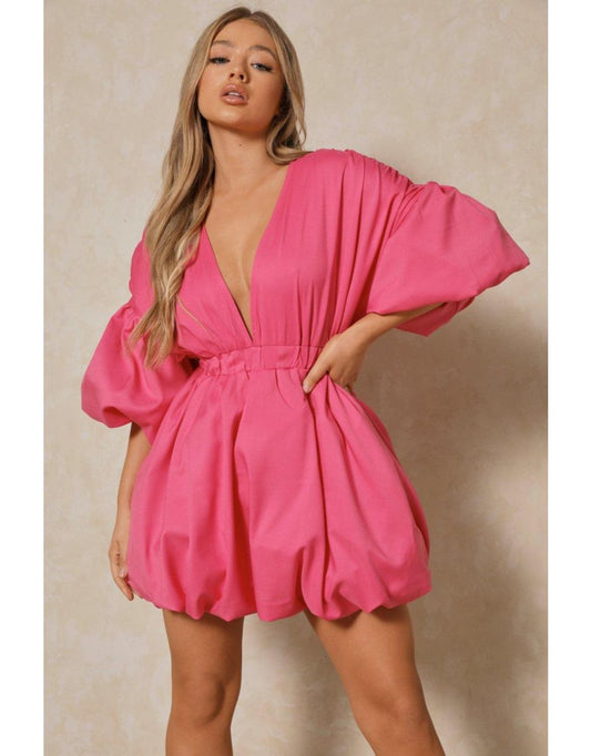 Plunge Front Extreme Puff Sleeve Mini Dress