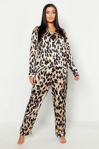 PLUS LEOPARD PRINT SATIN SHIRT & PANTS PAJAMA SET uk26/ us22