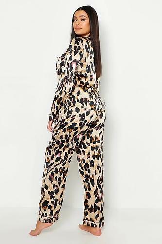 PLUS LEOPARD PRINT SATIN SHIRT & PANTS PAJAMA SET uk26/ us22