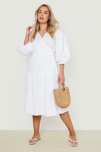 PLUS LINEN PUFF SLEEVE WRAP MIDI DRESS uk20/ us16