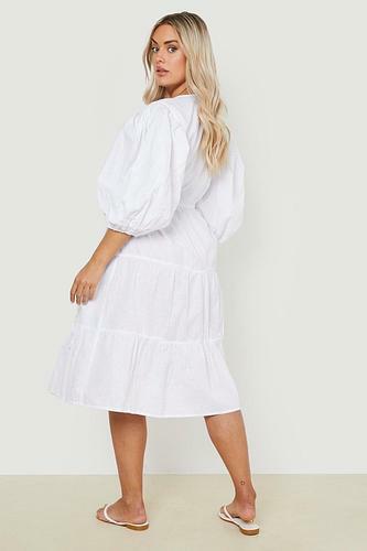 PLUS LINEN PUFF SLEEVE WRAP MIDI DRESS uk20/ us16