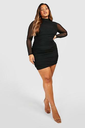 PLUS MESH LONG SLEEVE RUCHED DRESS uk28/ us24