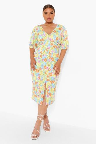 PLUS NEON FLORAL BUTTON DOWN MIDI DRESS uk16/ us12