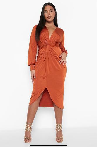 PLUS TWIST FRONT PLUNGE MIDI DRESS ORANGE - uk 20 - us 16