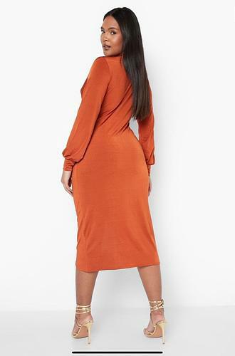 PLUS TWIST FRONT PLUNGE MIDI DRESS ORANGE - uk 20 - us 16