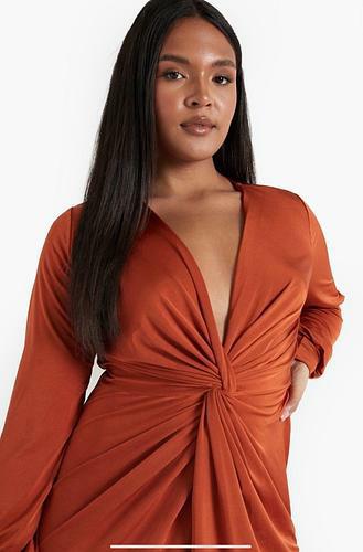 PLUS TWIST FRONT PLUNGE MIDI DRESS ORANGE - uk 20 - us 16