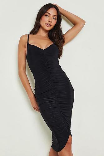 Slinky Square Neck Ruched Midi Dress