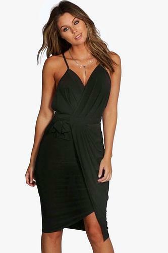 WRAP OVER EXPOSED SIDE DETAIL SLINKY MIDI DRESS black uk8/ us4