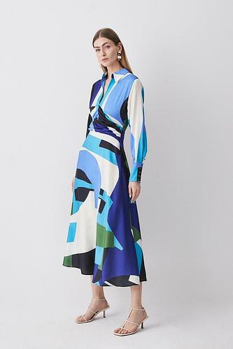 Abstract Colour Block Draped Satin Midi Dress uk10/ us6