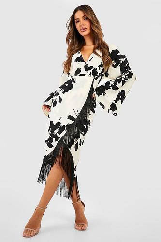 FLORAL PRINT TASSEL HEM WRAP MIDI DRESS uk14/ us10