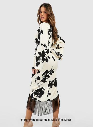 FLORAL PRINT TASSEL HEM WRAP MIDI DRESS uk14/ us10