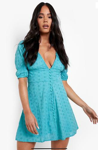 PETITE EYELET PUFF SLEEVE MINI DRESS - Aqua - uk 14 - us 10