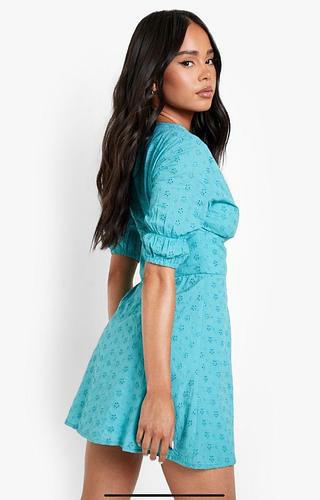 PETITE EYELET PUFF SLEEVE MINI DRESS - Aqua - uk 14 - us 10