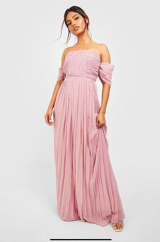 PLEATED OFF THE SHOULDER BRIDESMAID MAXI DRESS - uk 16 - us 12