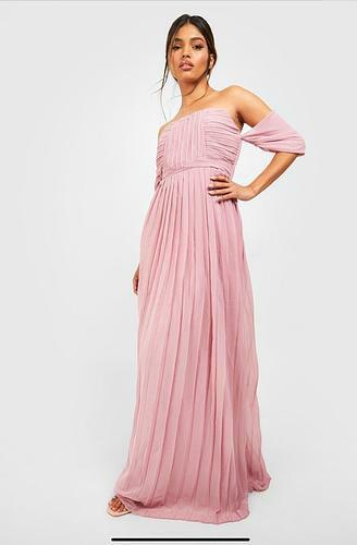 PLEATED OFF THE SHOULDER BRIDESMAID MAXI DRESS - uk 16 - us 12