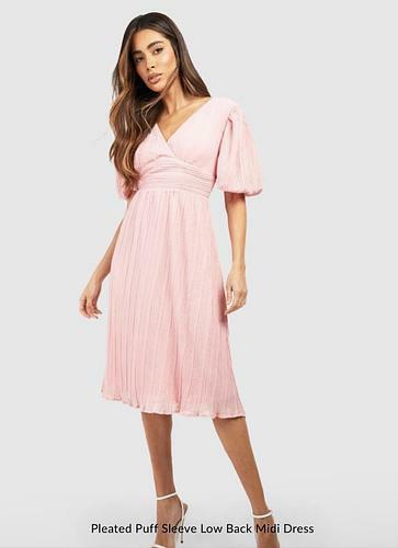 PLEATED PUFF SLEEVE LOW BACK MIDI DRESS uk8/ us4