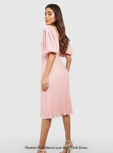 PLEATED PUFF SLEEVE LOW BACK MIDI DRESS uk8/ us4