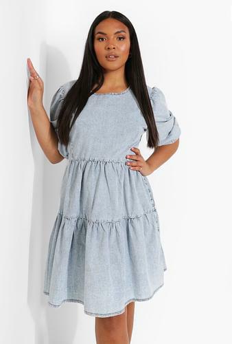 PLUS CHAMBRAY SHIRRED PUFF SLEEVE SMOCK DRESS - uk 28 - us 24