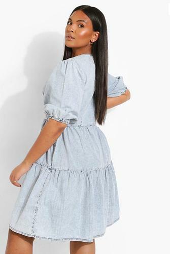 PLUS CHAMBRAY SHIRRED PUFF SLEEVE SMOCK DRESS - uk 28 - us 24